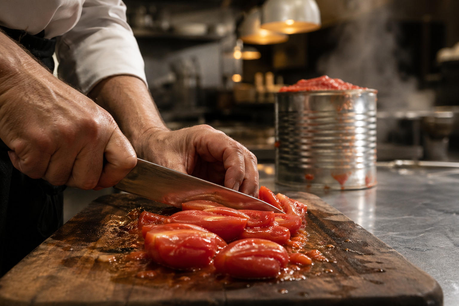 Chef's hands cutting fresh tomatoes on a wood board, with a number-10 can of pre-processed tomatoes blurred in the background.