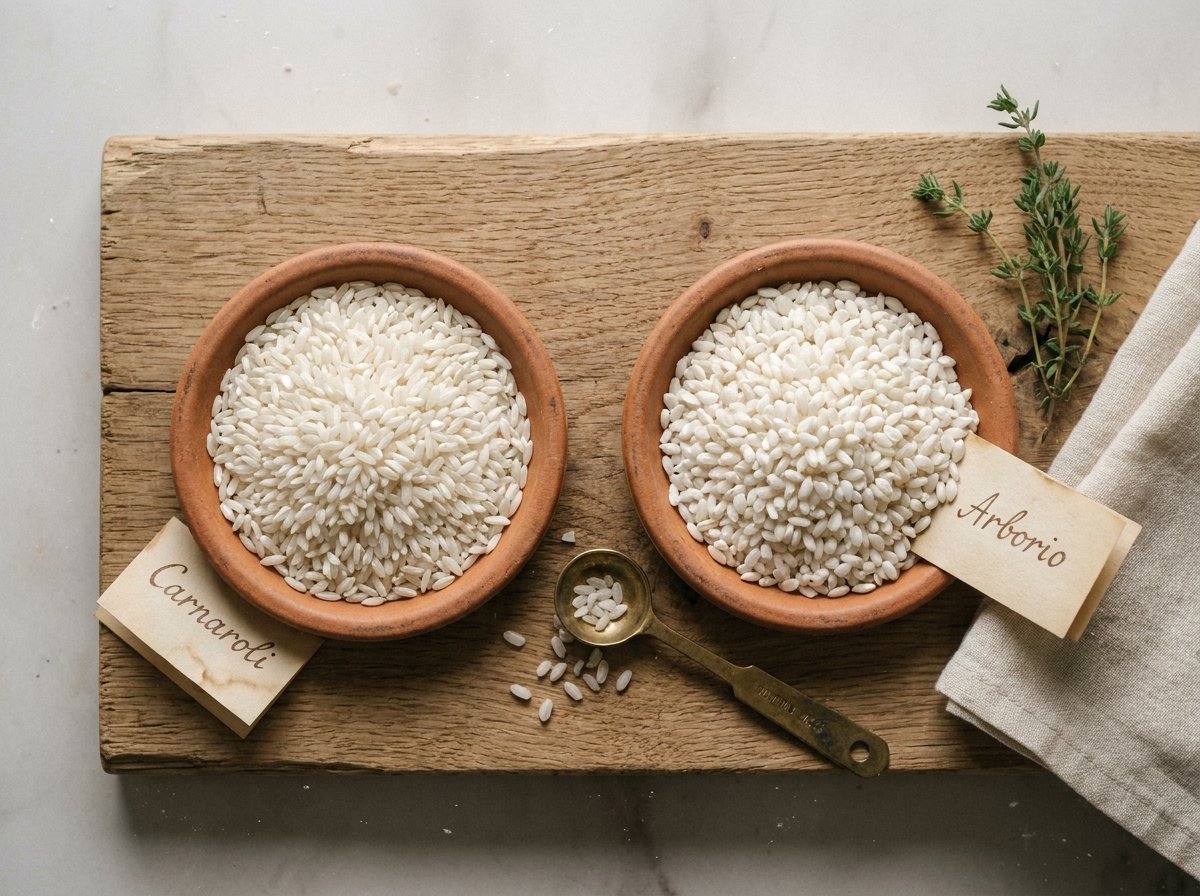 Macro close-up comparing Carnaroli and Arborio rice grains side by side on a rustic oak board