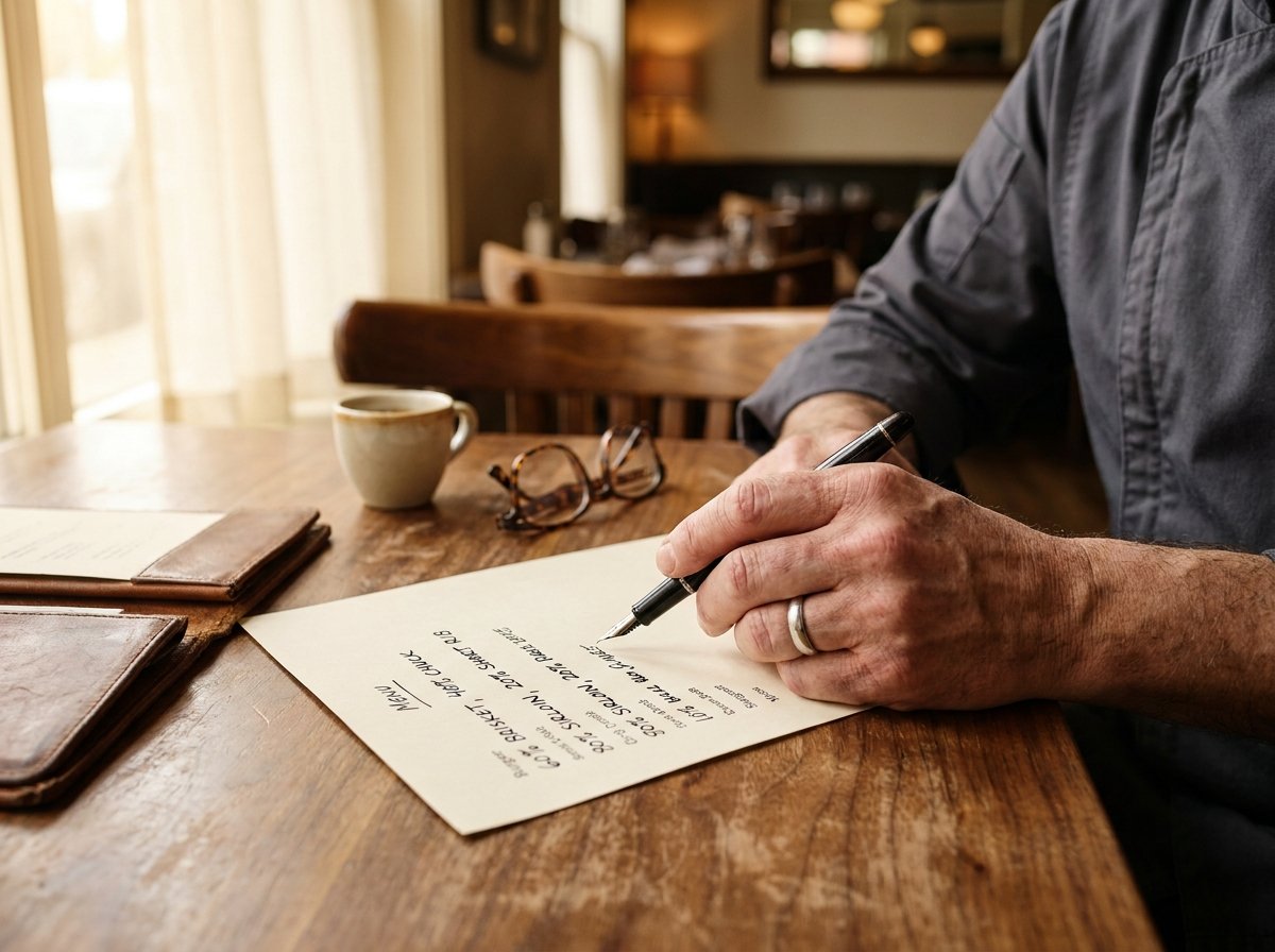 A chef's hand writing wagyu blend percentages in ink on a draft restaurant menu at a chef-driven bistro table, with reading glasses, an espresso cup, and a leather menu cover in soft golden window light