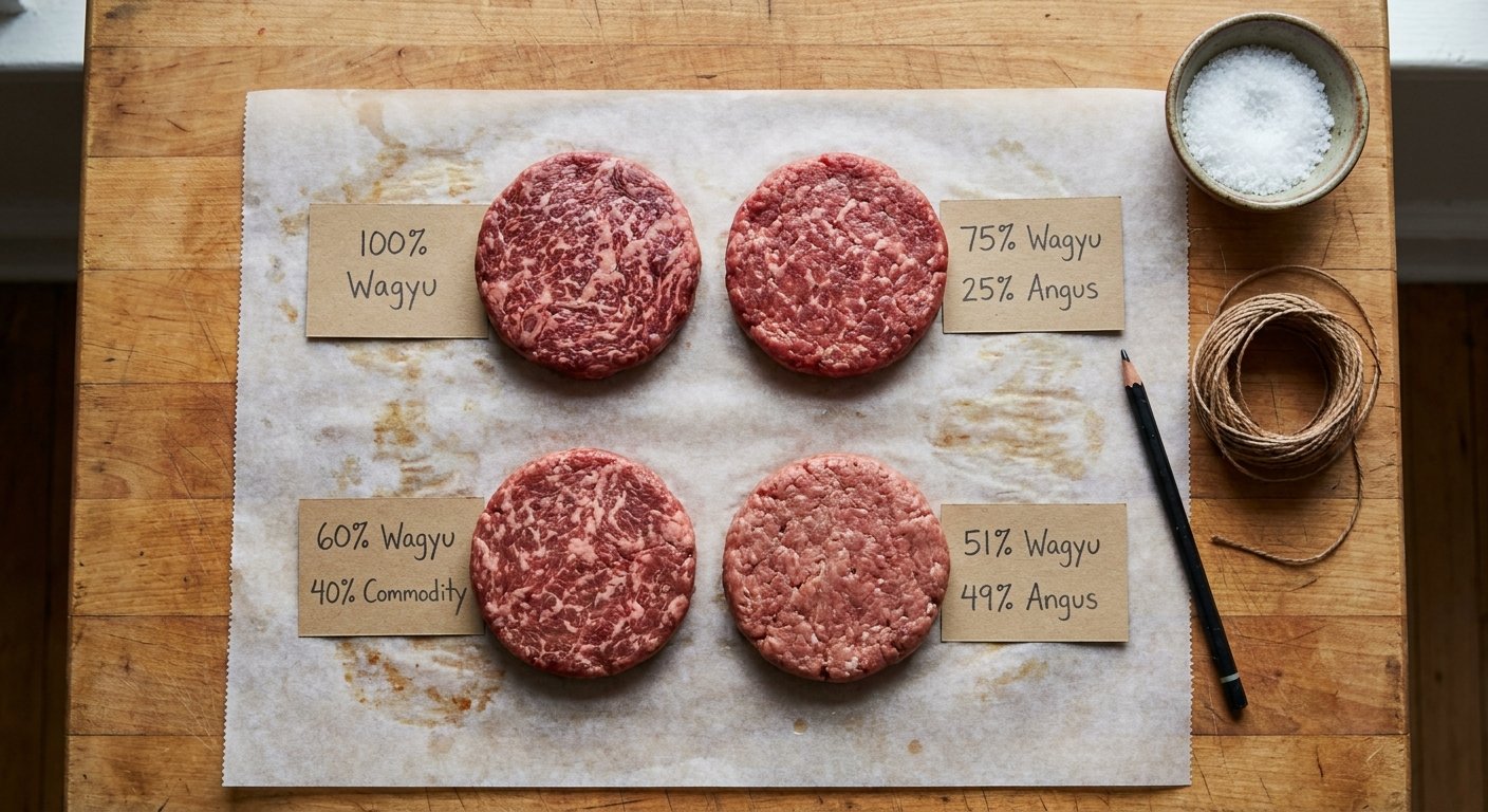 Four raw wagyu burger patties arranged on butcher paper, each labeled with kraft cards showing blend ratios 100%, 75/25, 60/40, and 51/49 with visibly different marbling