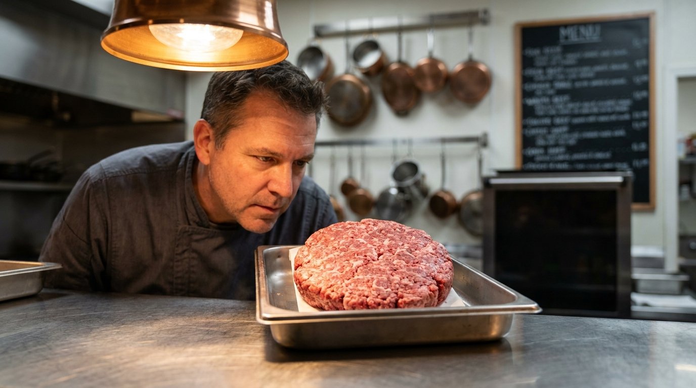 Chef Marcus Guiliano examining a half-pound wagyu beef burger patty on a stainless steel kitchen station at Aroma Thyme Bistro, showing the marbling and grind texture up close