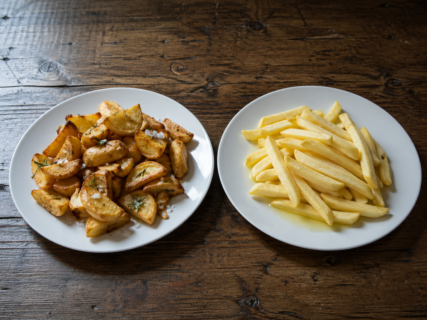 Side-by-side plates showing hand-cut, hand-fried potatoes versus uniform frozen distributor fries.
