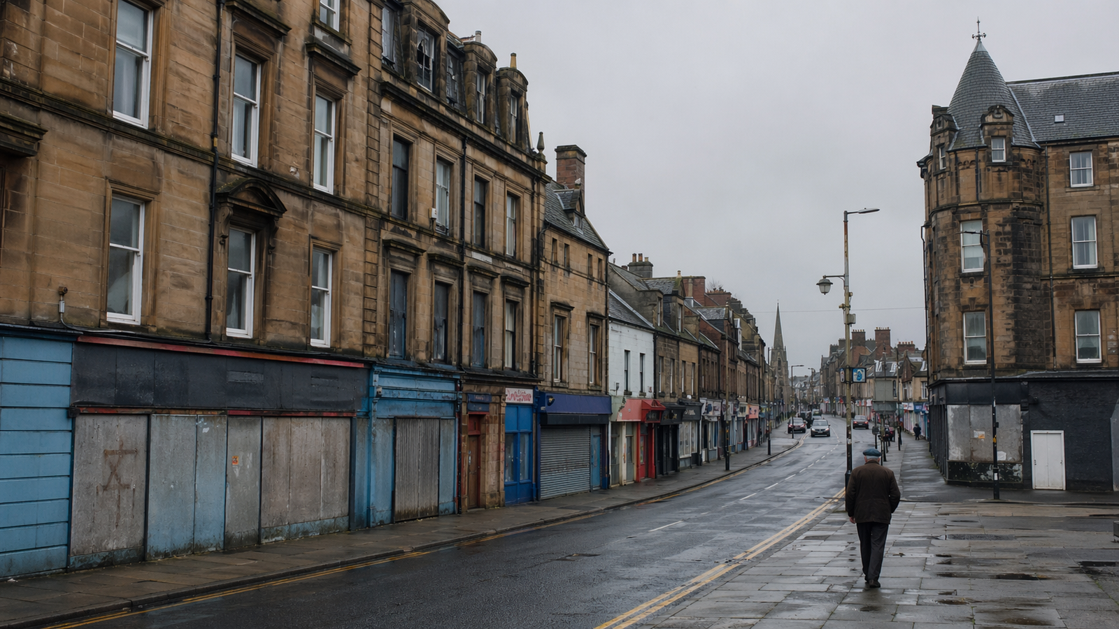Kilmarnock high street after the 2012 Johnnie Walker closure — boarded shop windows and empty pavement on an overcast Scottish morning