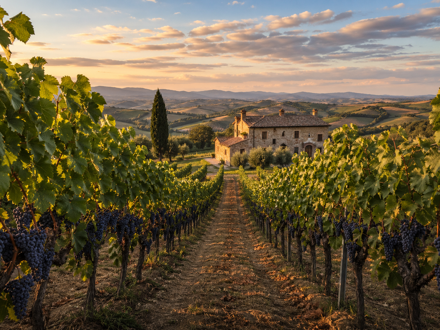 A small family run organic vineyard at golden hour in Italy with rows of grapevines, an old stone farmhouse in the background, and grape clusters ready for harvest.