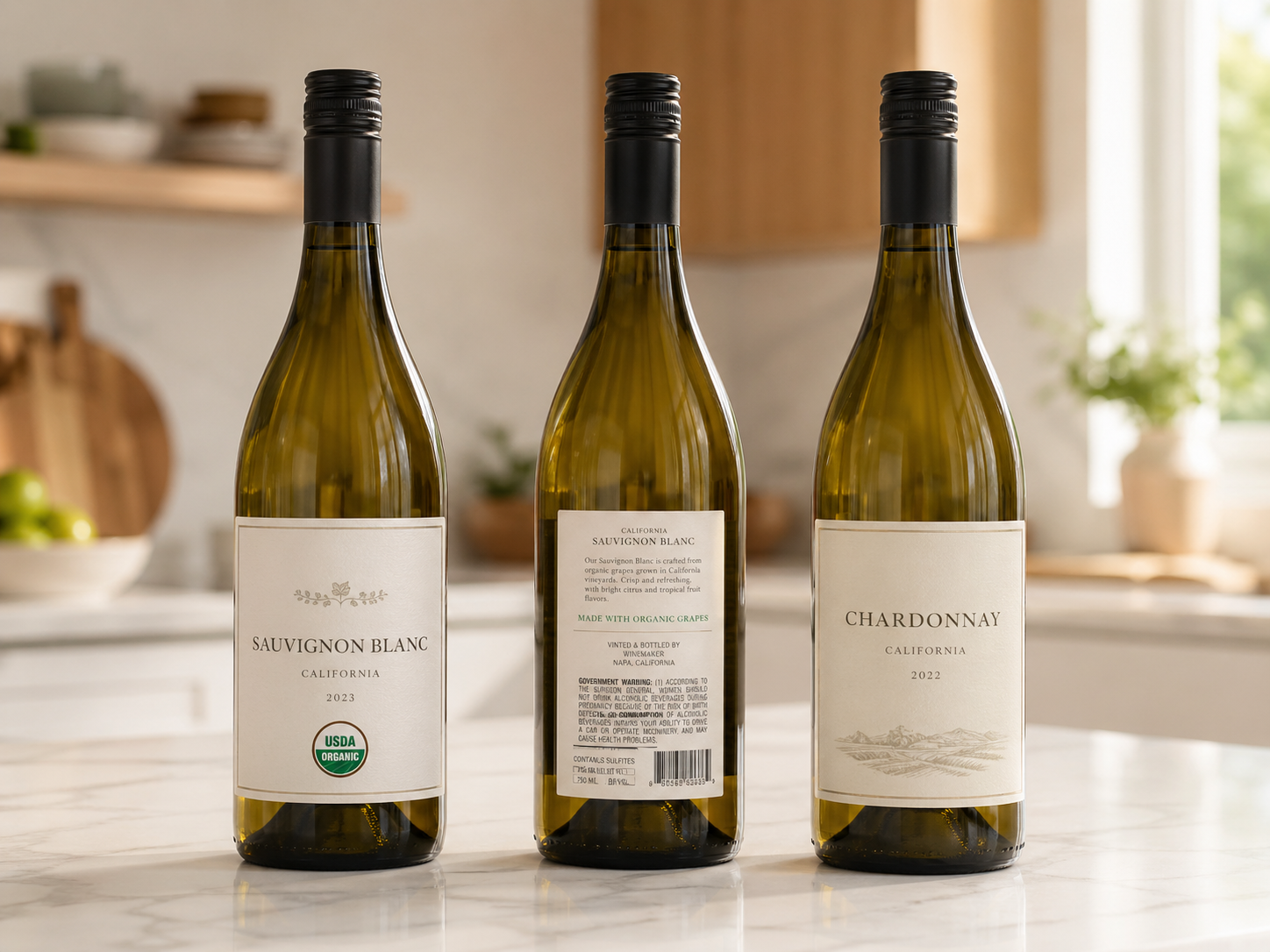 Three wine bottles arranged left to right on a marble countertop, labeled certified organic, made with organic grapes, and conventional, with their certification seals clearly visible.