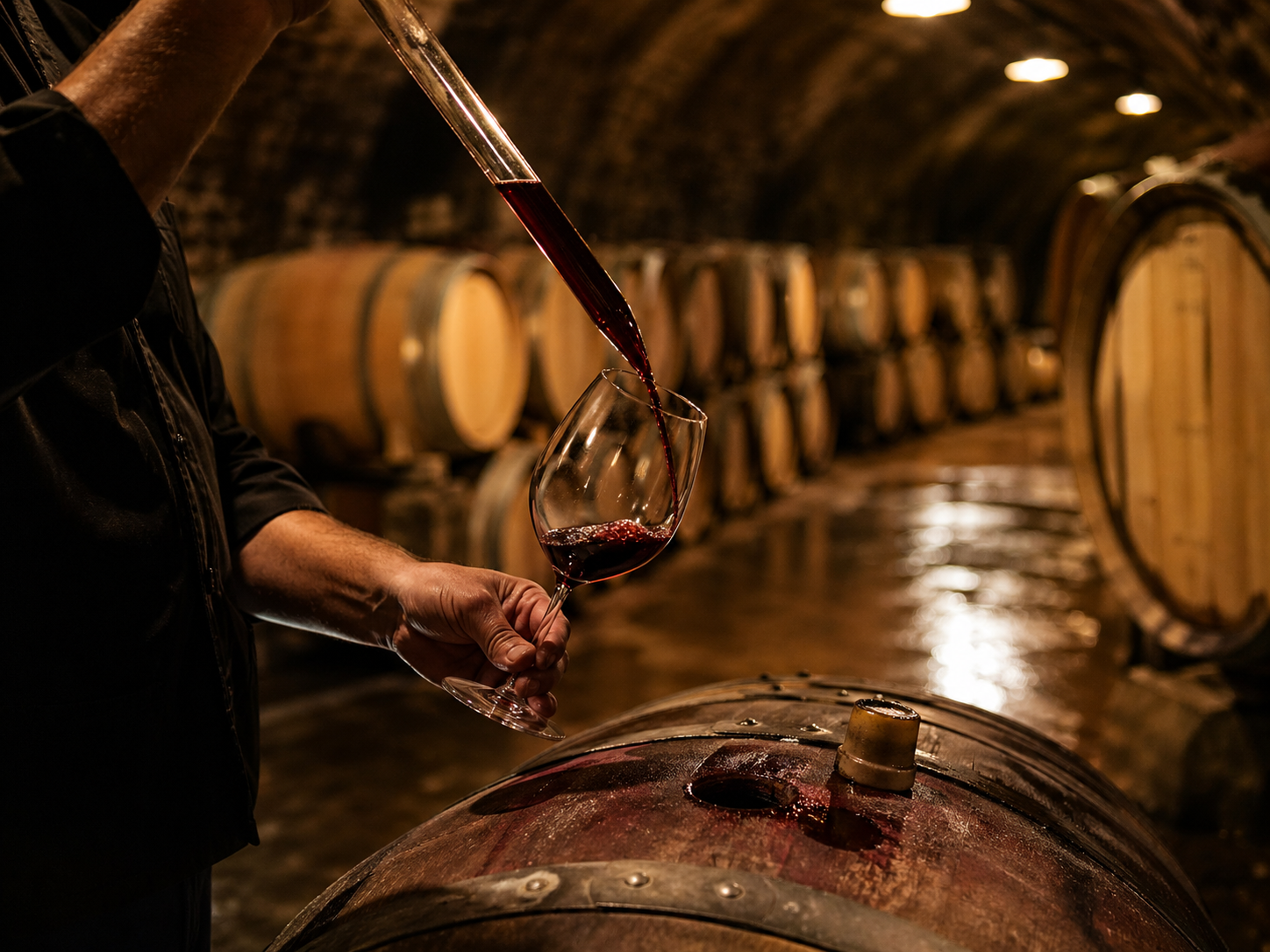 A traditional underground wine cellar with stacked oak aging barrels and a winemaker's hand pouring a sample of red wine from a glass thief into a small tasting glass under warm lamp light.