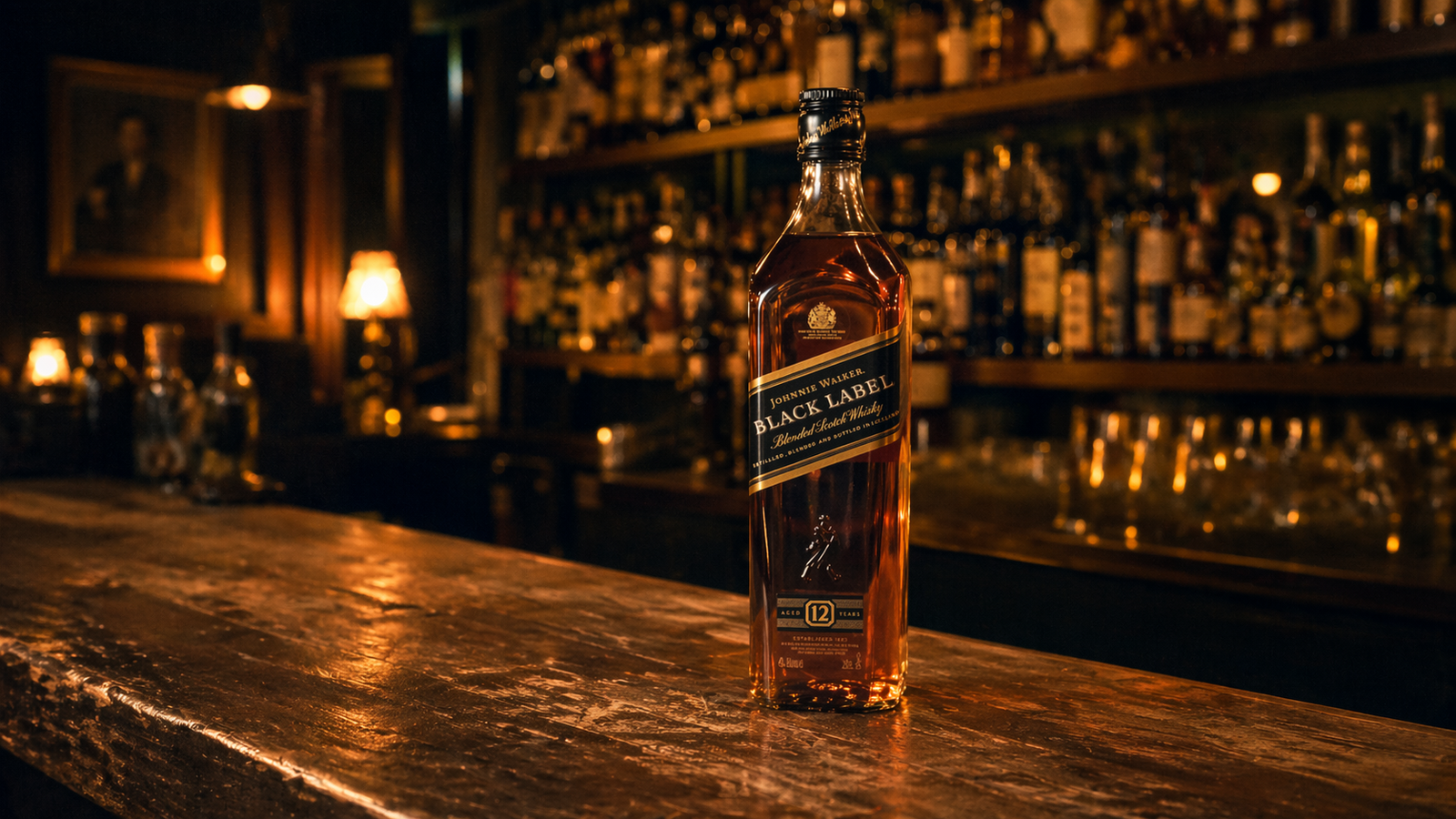 A Johnnie Walker bottle on a craft bar with independent spirits behind it — the tension between Diageo-owned mass brands and independent distilleries