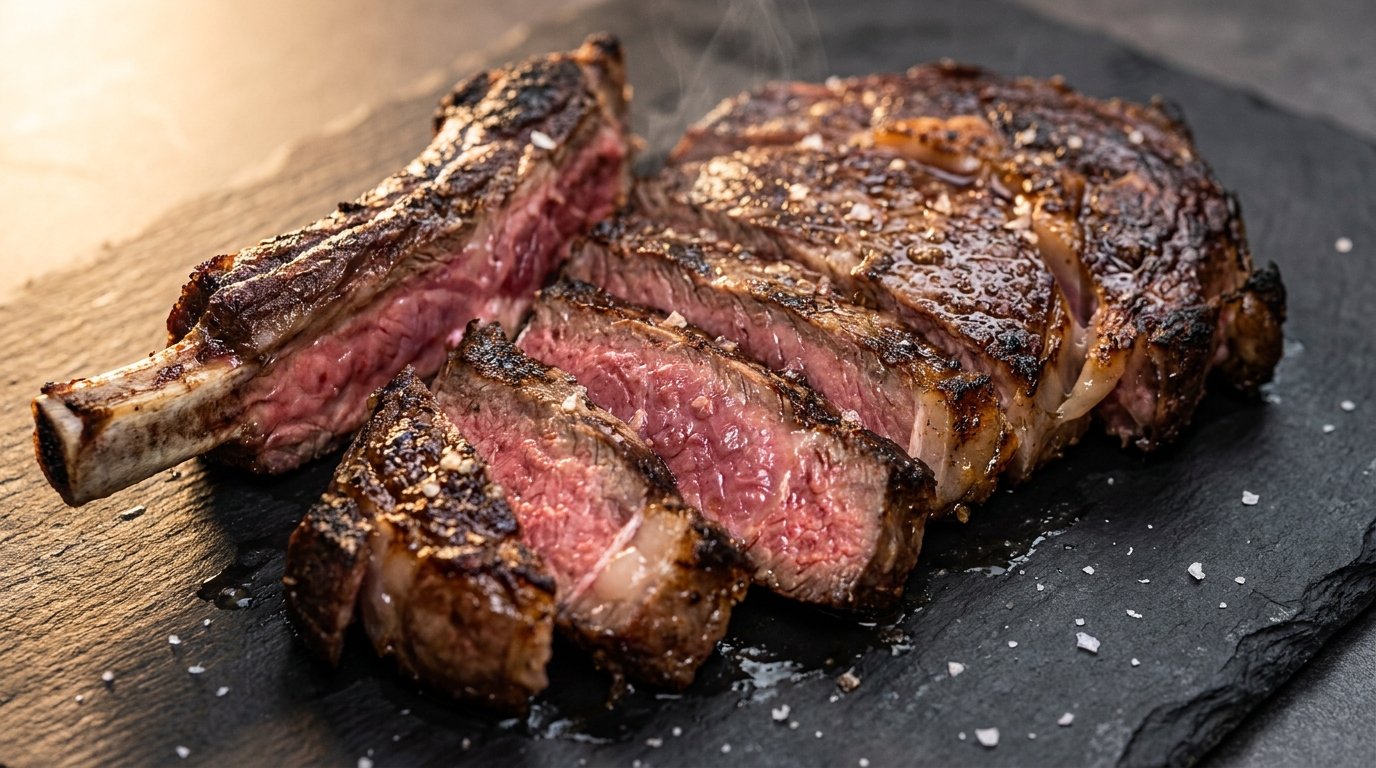 Cross-section of a grilled bone-in ribeye showing the juicy, slower-cooked meat next to the rib bone