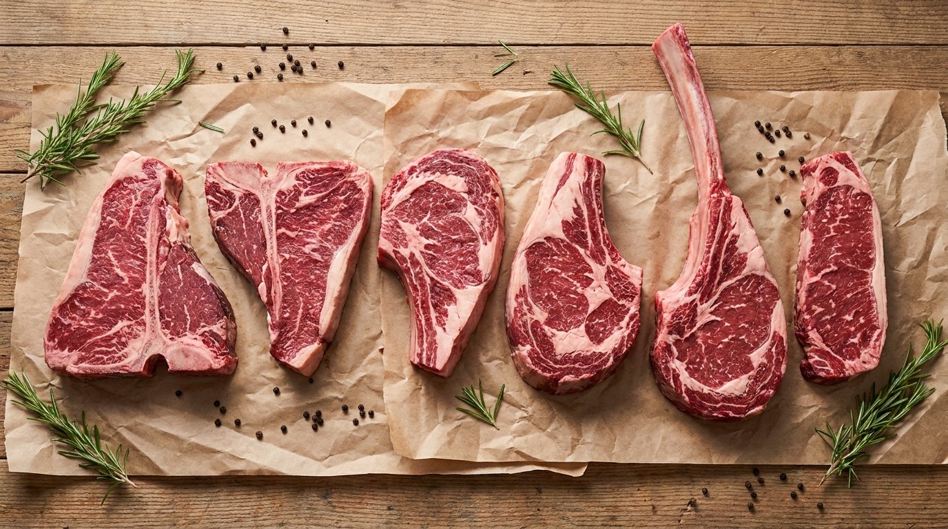 Lineup of major bone-in steak cuts including porterhouse, T-bone, bone-in ribeye, cowboy steak, tomahawk, and Kansas City strip