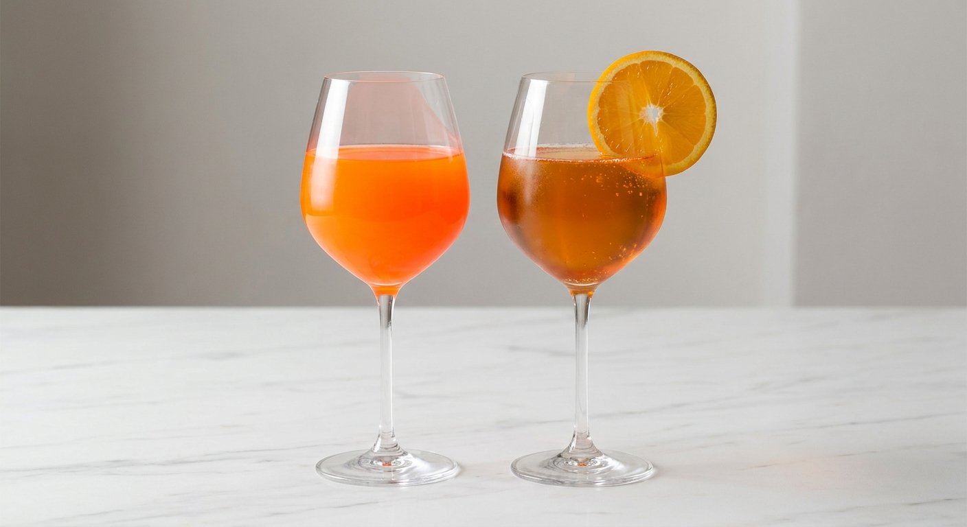 Two spritz cocktails side by side comparing an artificial uniform neon-orange color with a softer natural amber-orange hue