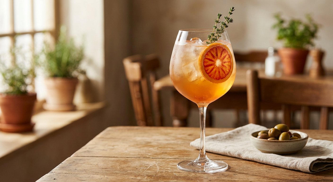An artisan bitter aperitivo spritz in a wine glass with a blood orange and fresh thyme garnish, a natural Aperol alternative served at Aroma Thyme Bistro