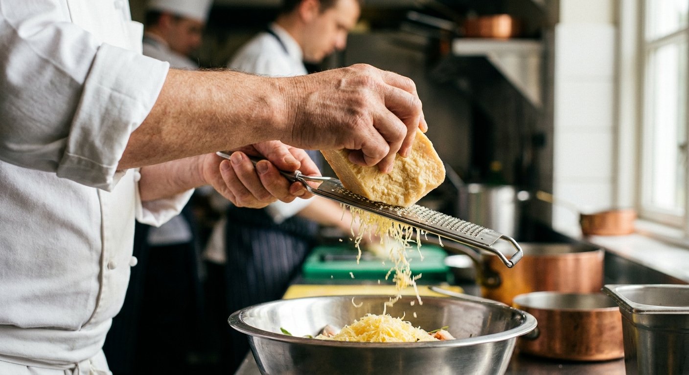 Chef grating a block of Parmigiano Reggiano fresh in the kitchen