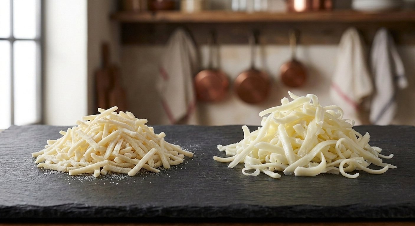 Bagged pre-shredded mozzarella beside freshly hand-grated mozzarella on a slate board