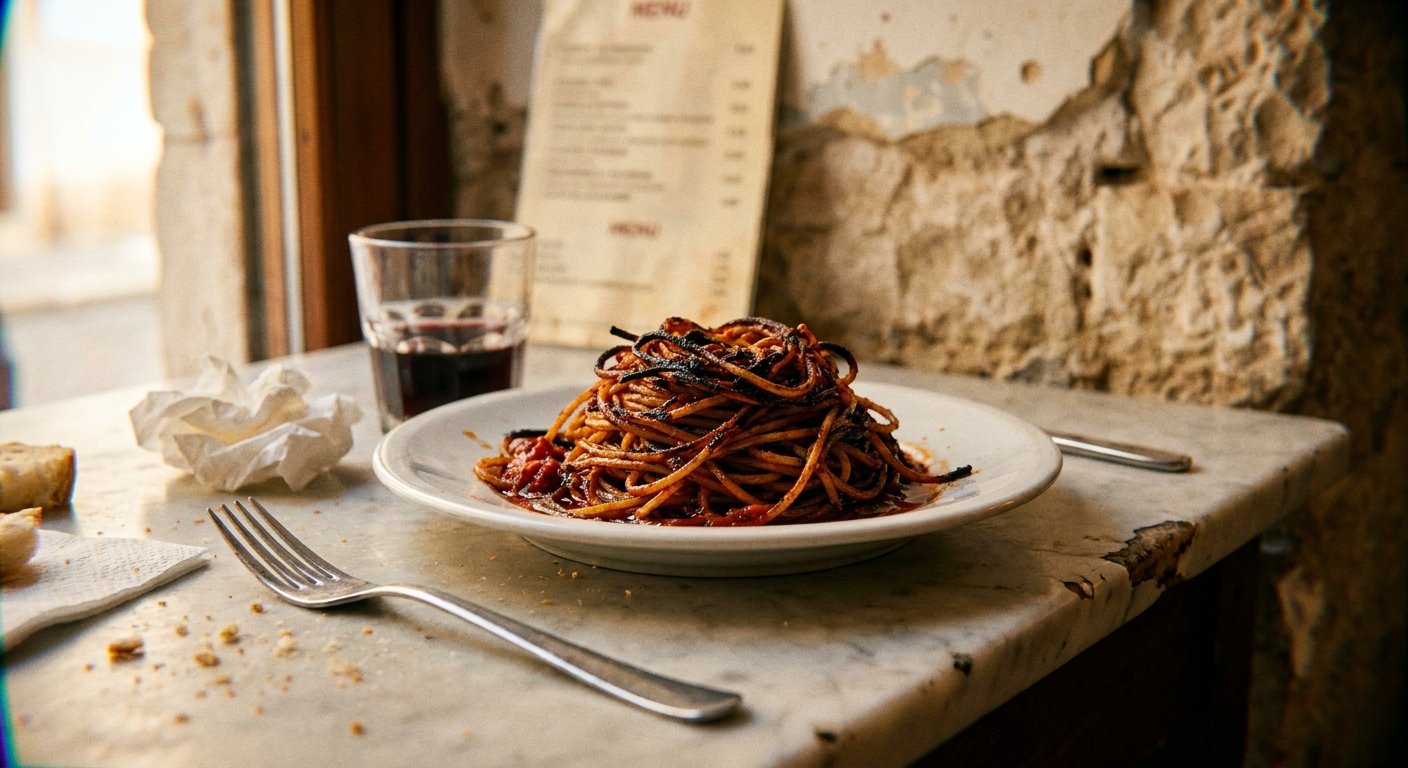 A plate of assassin's spaghetti with charred crispy strands and concentrated tomato sauce at a small trattoria in Bari, Puglia