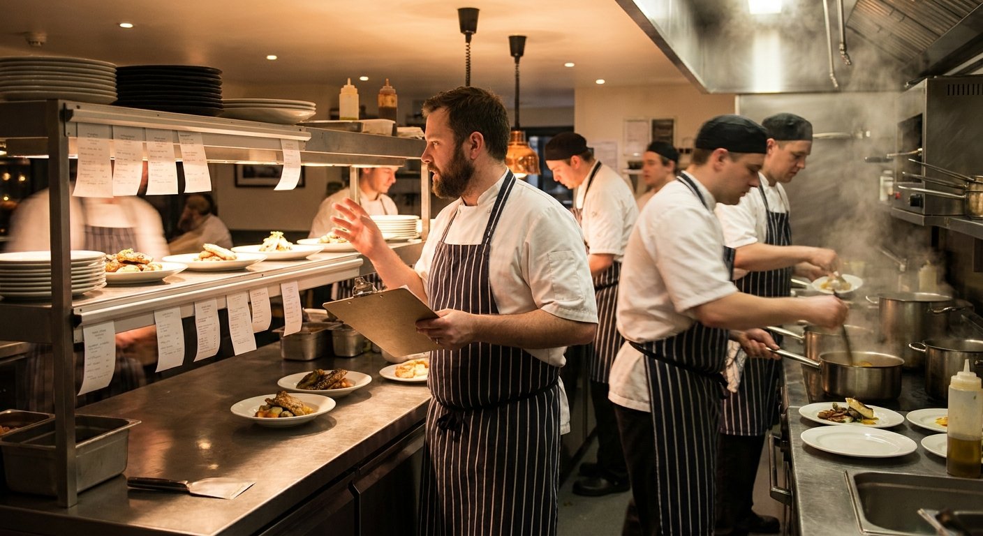 Chef expediting at the pass while the kitchen team works the line during dinner service