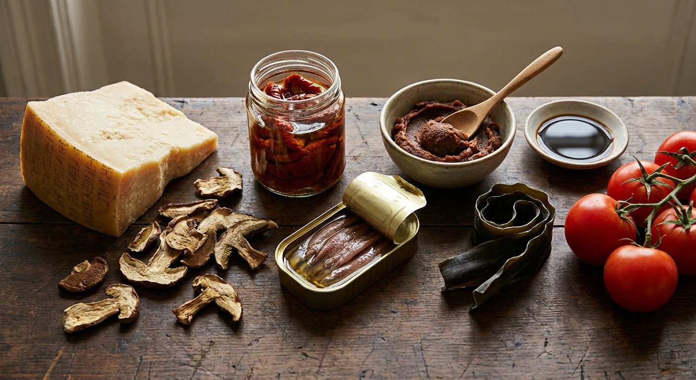 Natural umami-rich ingredients: aged Parmigiano Reggiano, dried porcini, sun-dried tomatoes, anchovies, miso, soy sauce, kombu, and ripe tomatoes.