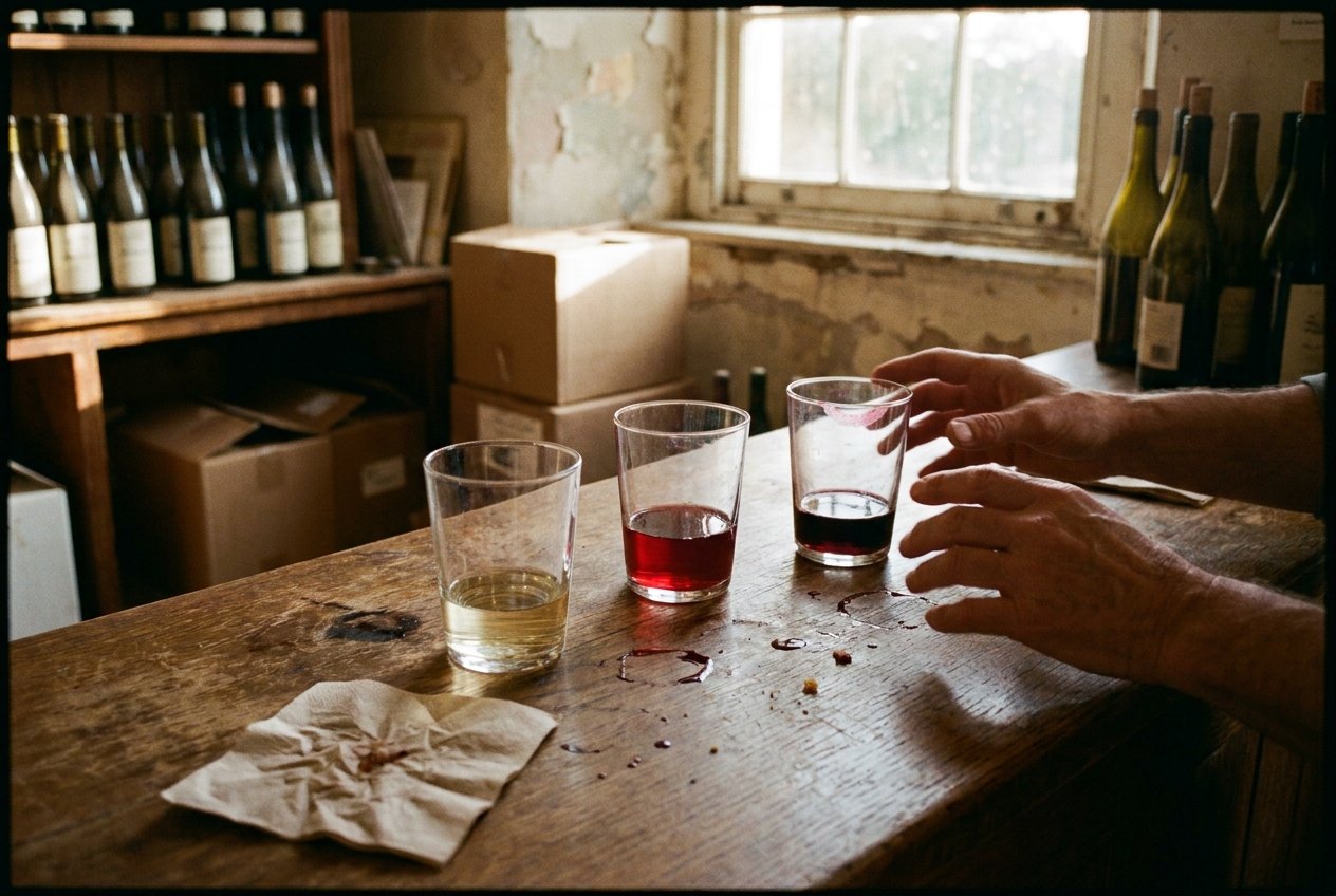 A casual winery tasting counter with three glasses of wine, a crumpled napkin, and hands reaching in