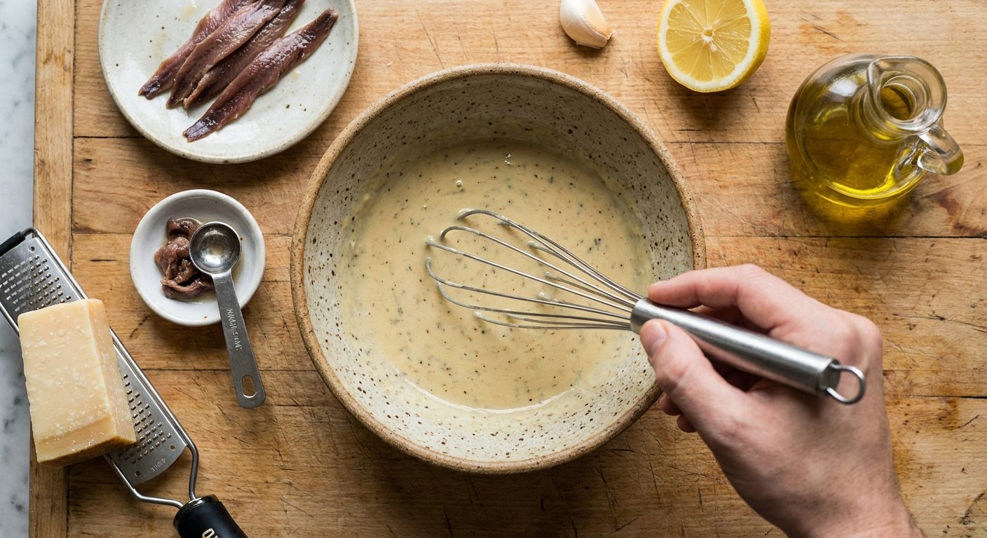 Salt-cured anchovies and a quarter teaspoon of anchovy paste whisked into homemade Caesar dressing