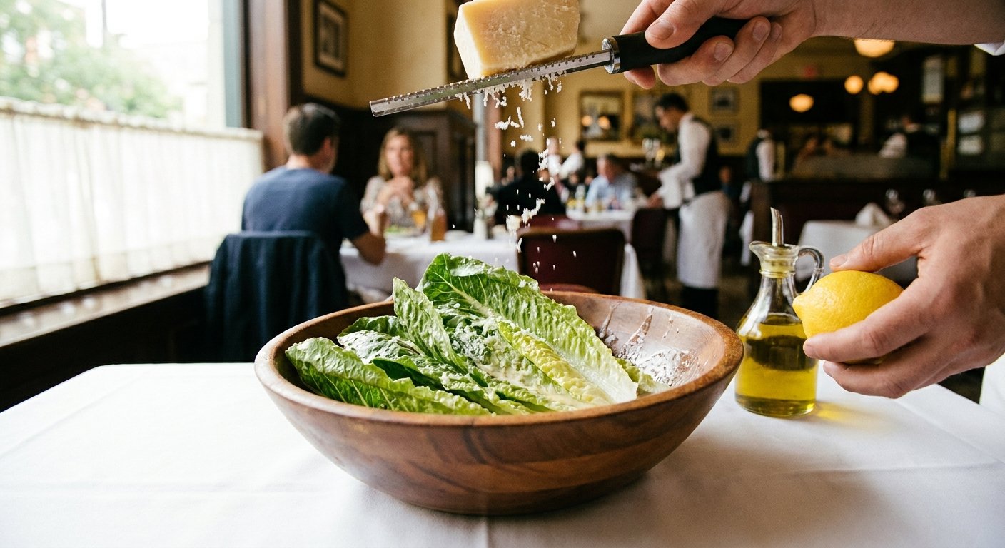 Tableside Caesar salad finished with fresh Parmigiano, a nod to the caesar salad origin in 1924 Tijuana