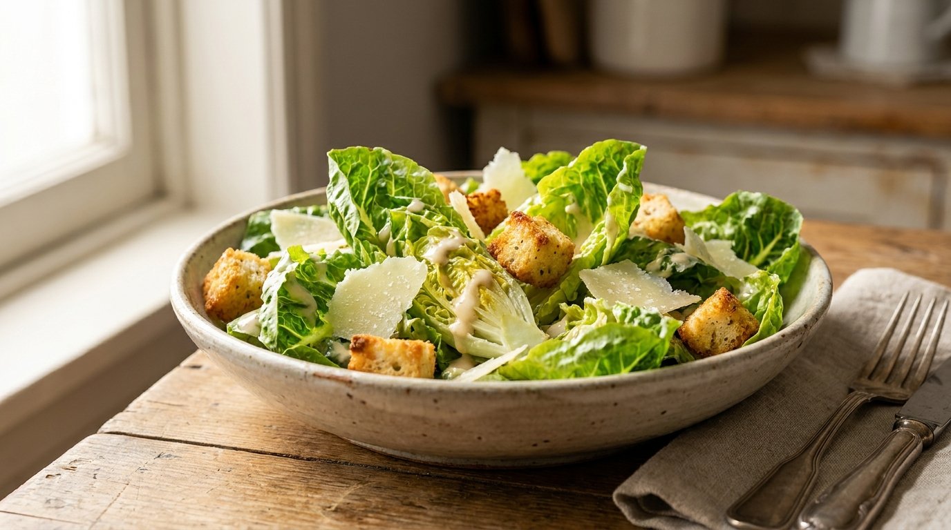 Classic Caesar salad with romaine, freshly grated Parmigiano, and golden croutons, a nod to the caesar salad origin in 1924 Tijuana