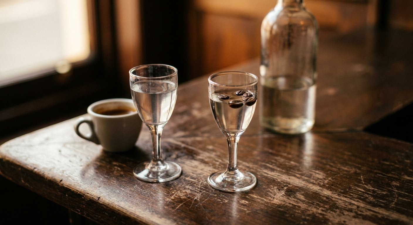 Anisette vs sambuca side by side, a glass of anisette next to a glass of sambuca with three coffee beans on a rustic Italian bar