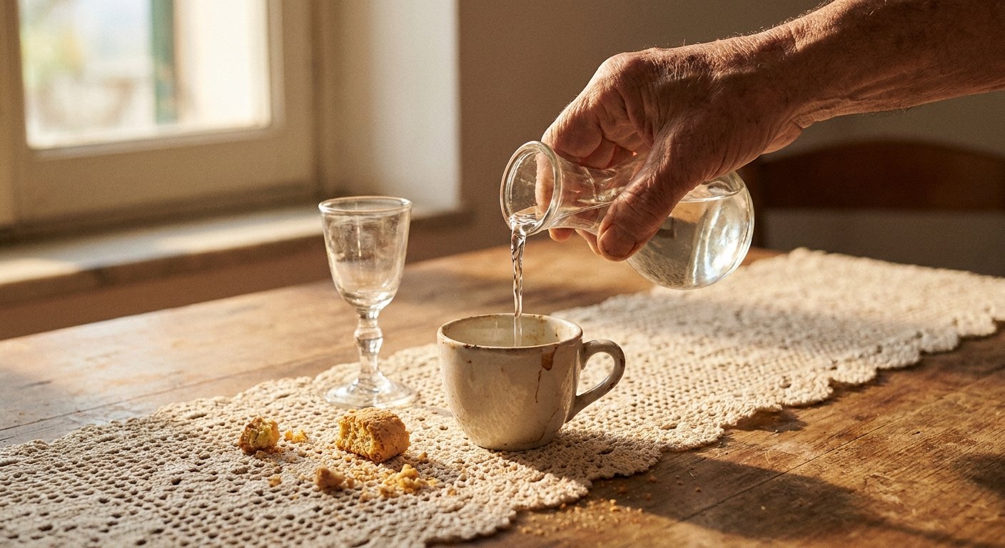 A splash of anisette poured into espresso at a Southern Italian family table, the after-dinner digestivo tradition from Puglia