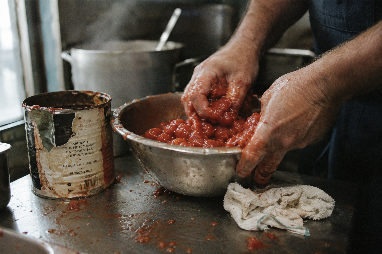 Chef crushing whole peeled plum tomatoes by hand, the best canned tomatoes for sauce
