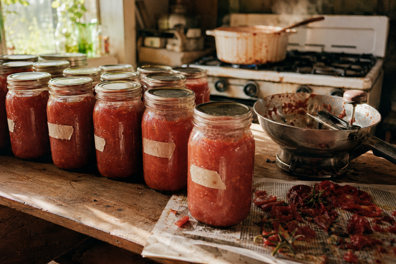Home-canned tomato jars for winter sauce, why my grandmother never used sugar in tomato sauce