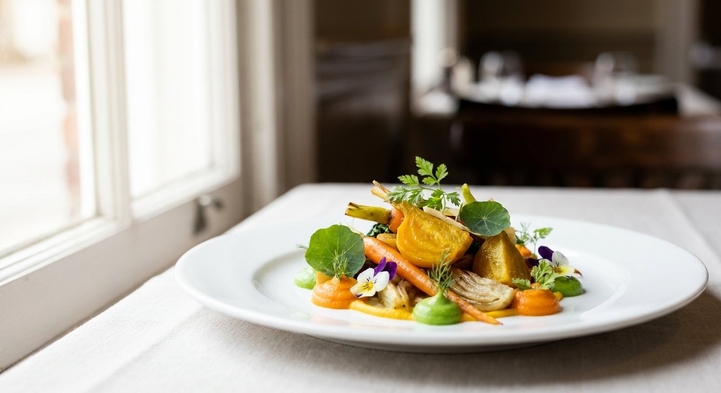 Elegant vegetarian fine dining plate with seasonal vegetables and edible flowers