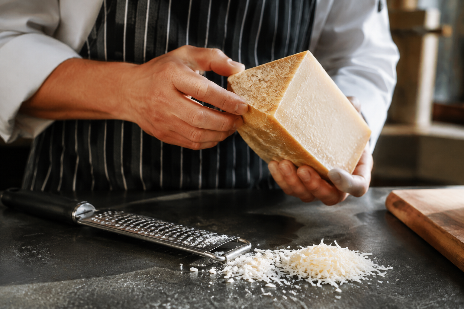 Chef inspecting the texture, age, and rind of an authentic Italian hard cheese.