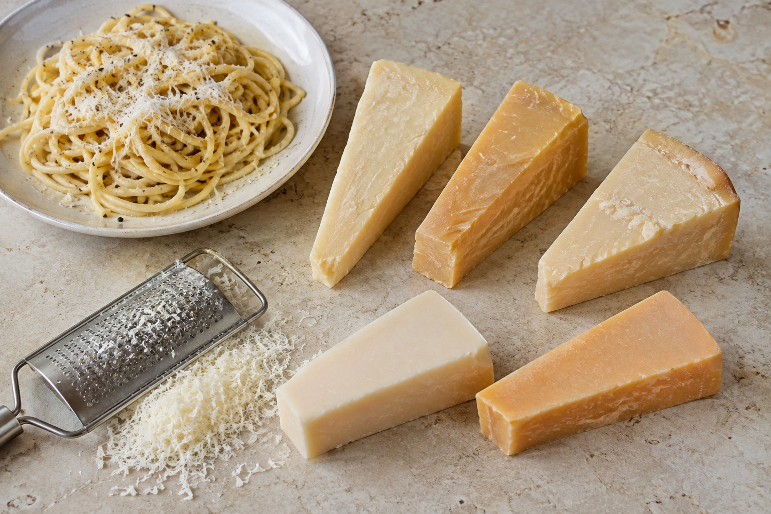 A visual comparison of authentic Italian hard cheeses that can substitute for Parmigiano Reggiano.