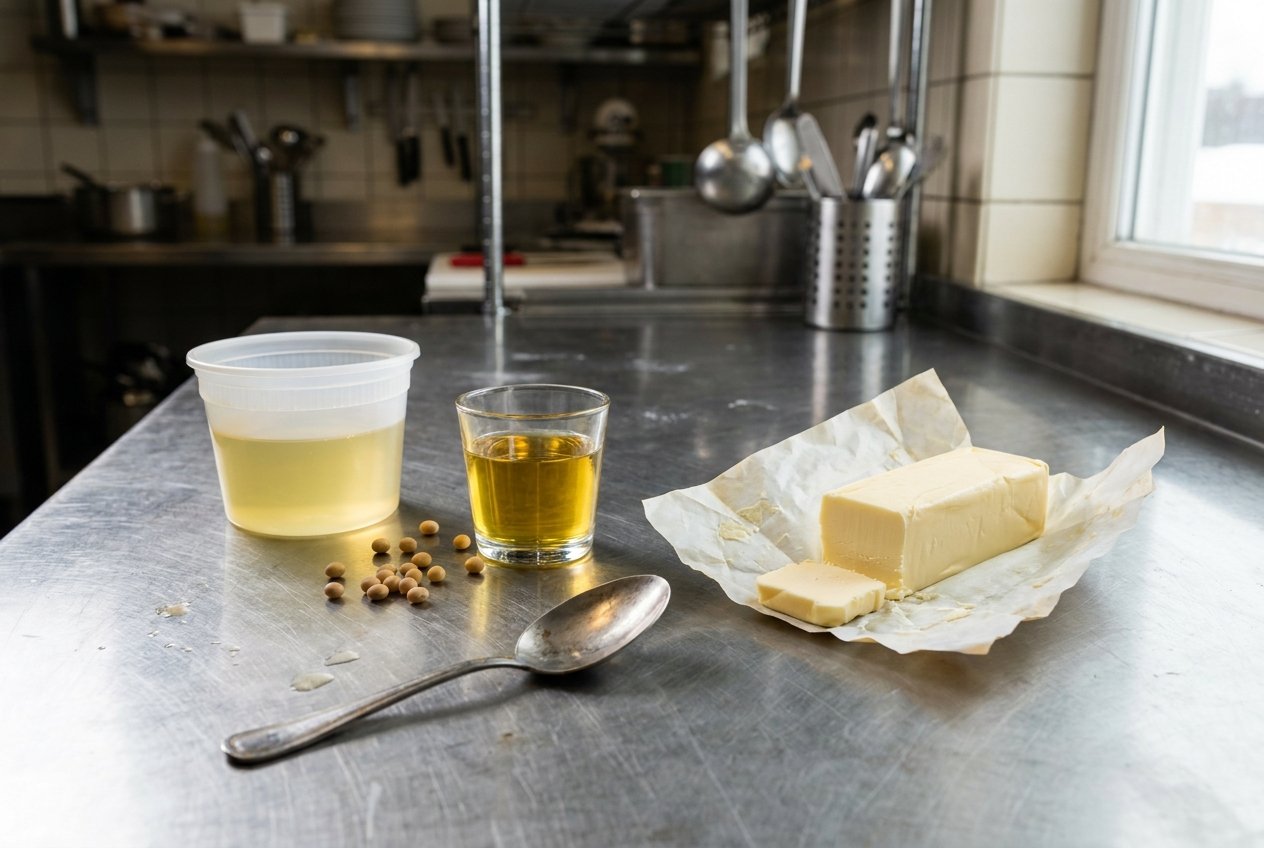 Butter-flavored soybean oil compared with real butter on a restaurant prep table