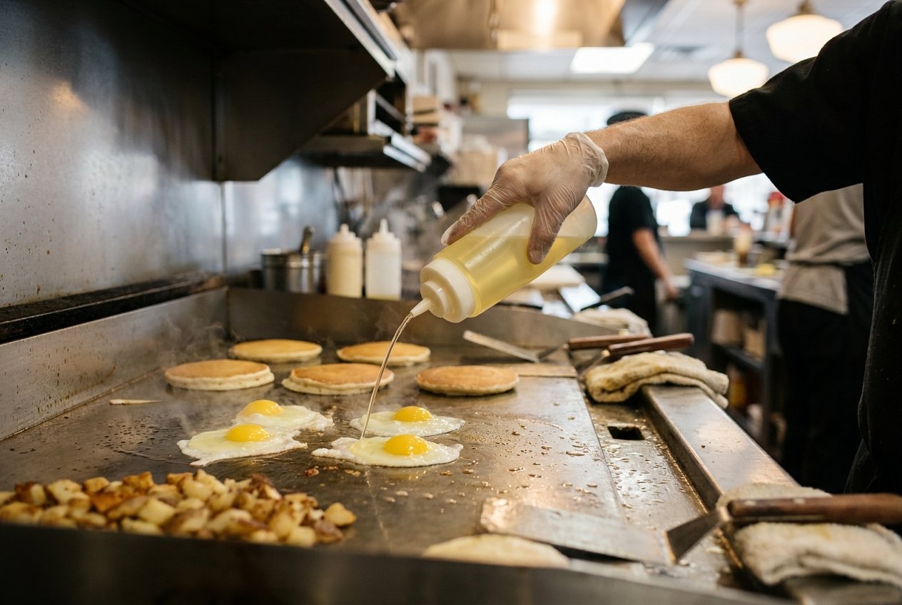 Whirl butter-flavored oil squeezed onto a restaurant griddle beside eggs, pancakes, and home fries