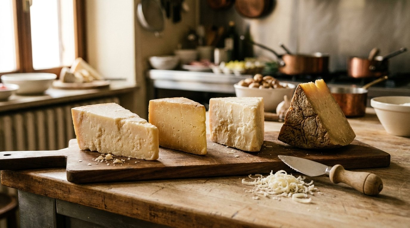 Four aged Italian hard cheeses presented as substitutes for Parmigiano Reggiano in a chef’s kitchen.