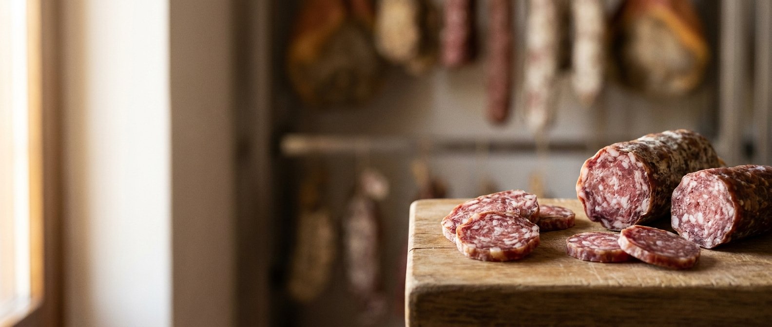 Sliced artisan charcuterie and dry-cured salami displayed on a rustic wooden board in a traditional curing room.