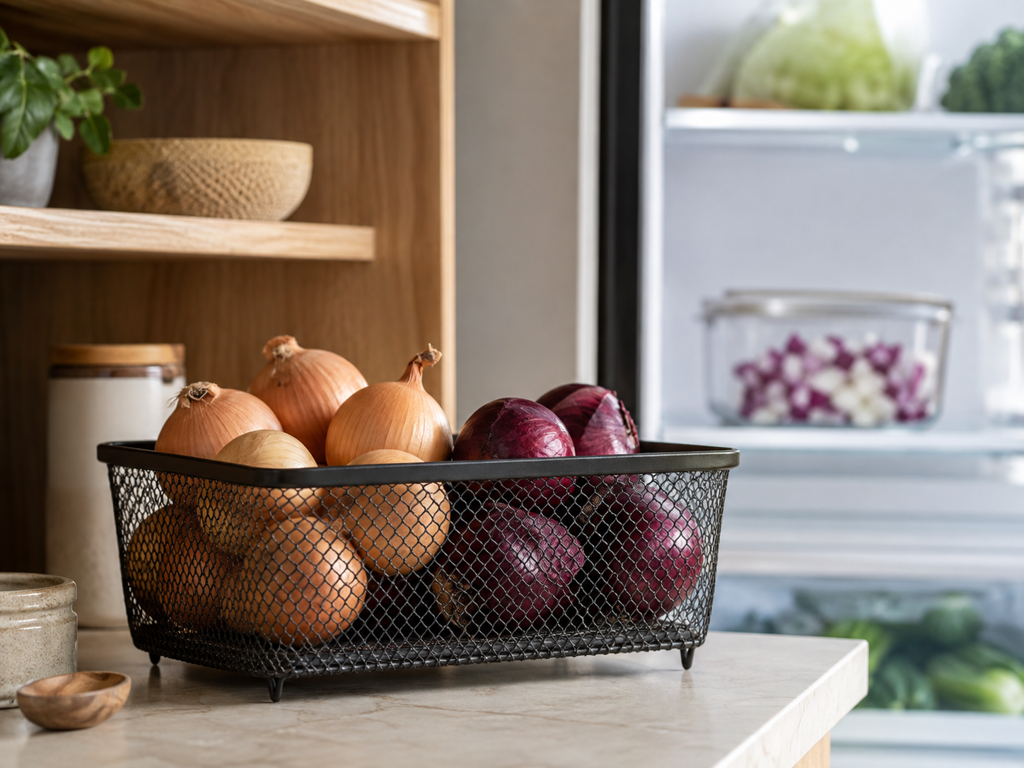 Whole onions in ventilated pantry storage with cut onion refrigerated separately