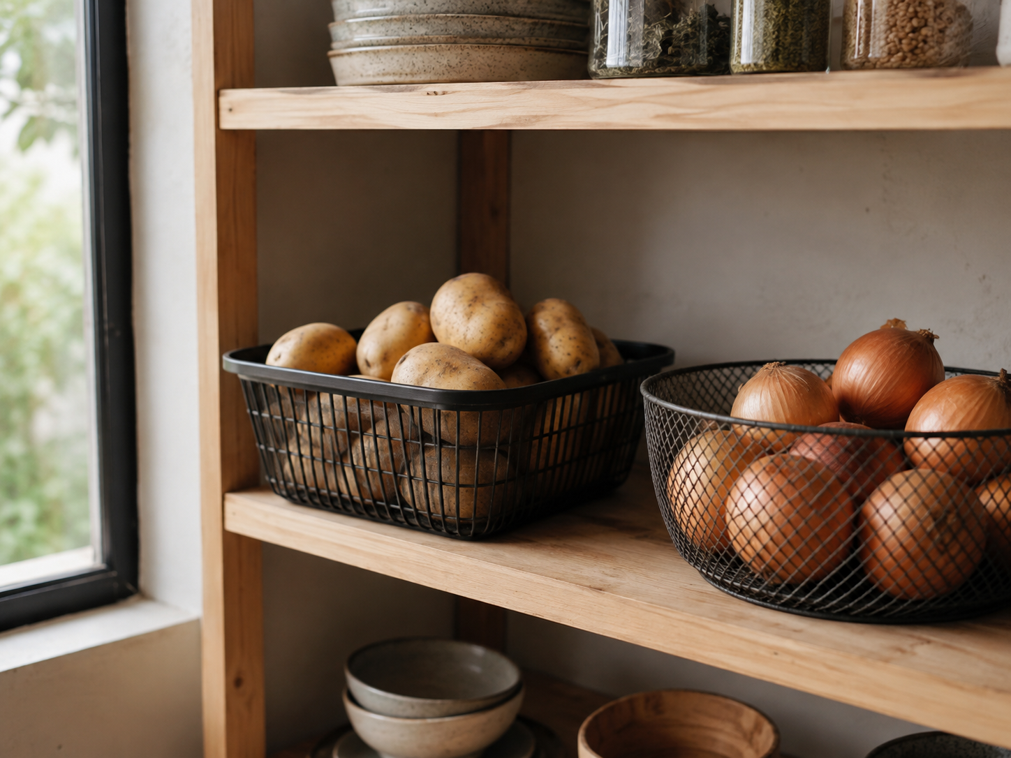 Should potatoes and onions be stored together? No, keep them separated in ventilated baskets for longer shelf life
