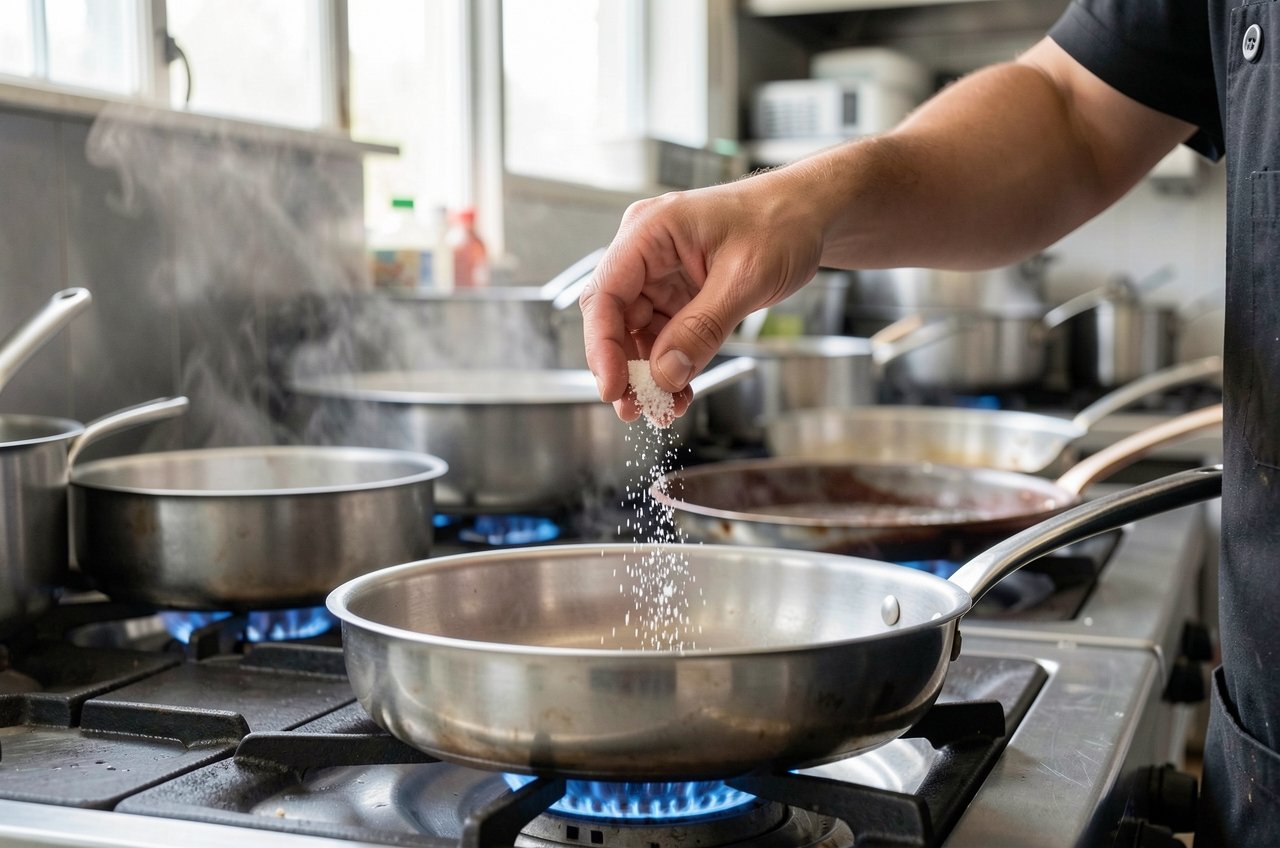 Chef’s hand seasoning food with a controlled pinch of salt in a working kitchen