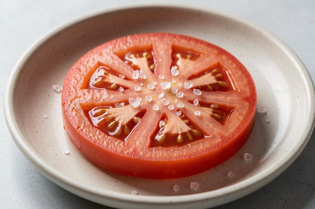 Delicate finishing salt flakes on a ripe tomato showing texture as part of the eating experience