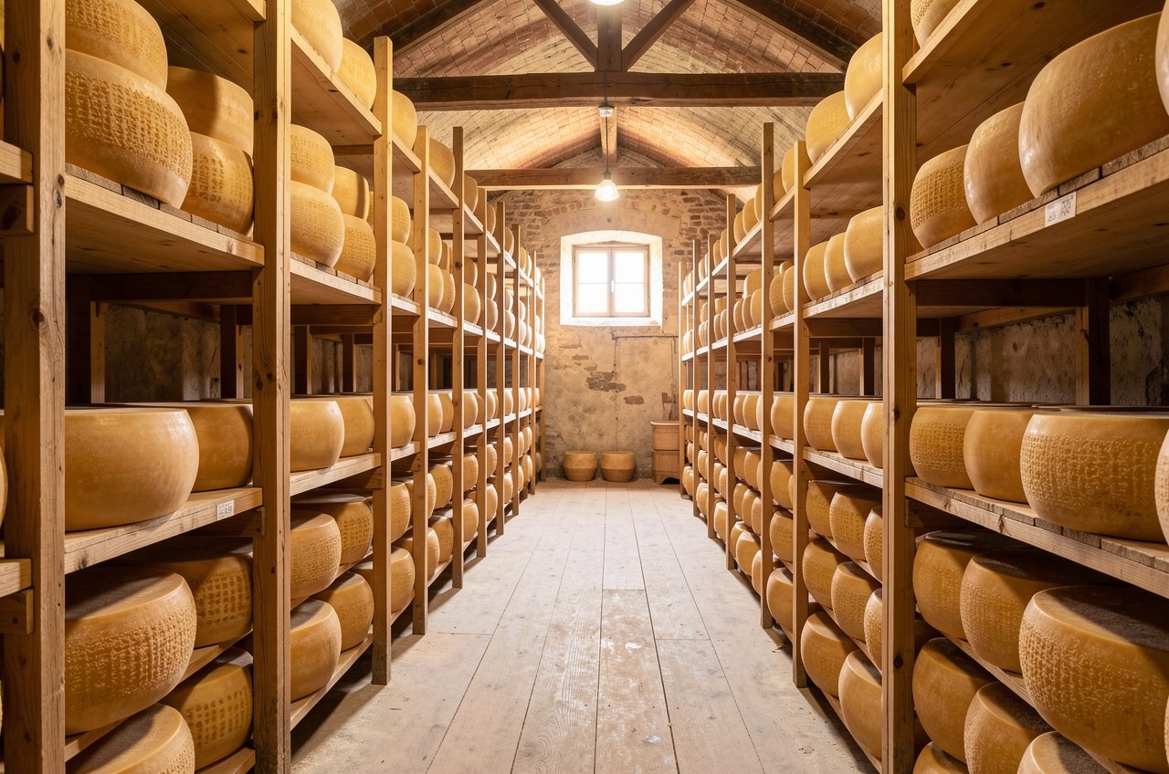 Rows of Parmigiano Reggiano wheels aging on tall wooden shelves in an Emilia-Romagna cheese room