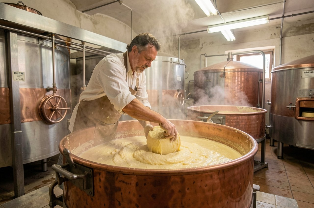 Cheesemaker working over a copper vat during traditional Parmigiano Reggiano production in Emilia-Romagna