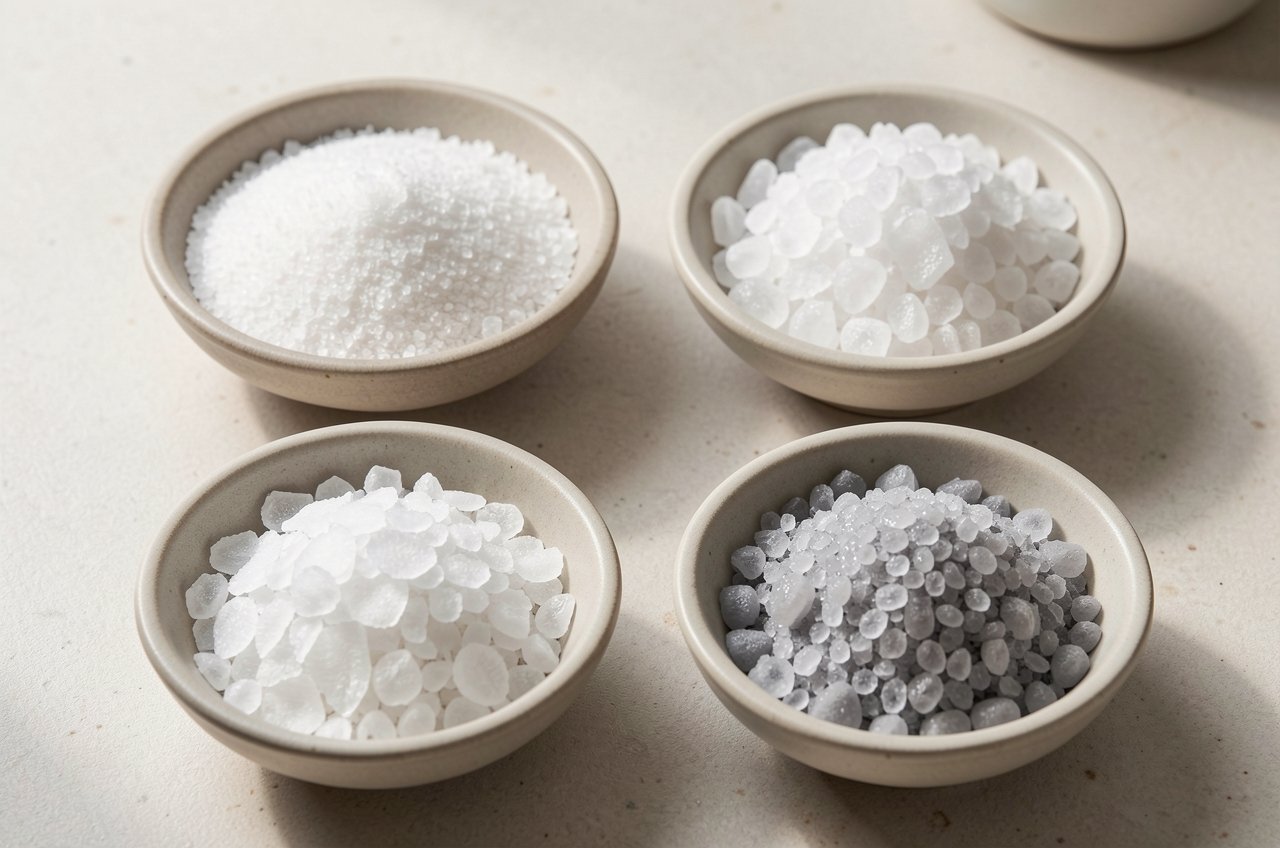 Close-up comparison of fine, coarse, flaky, and moist salt crystal textures used in cooking
