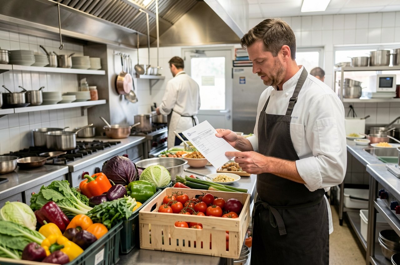 Chef reviewing a local farm delivery while planning restaurant menu costs