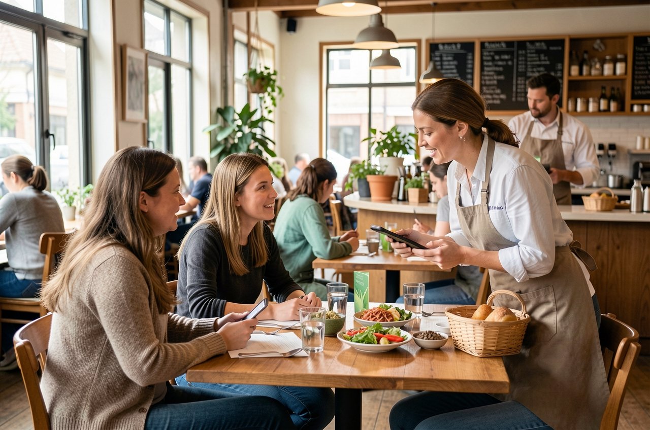 Restaurant guest asking about farm sourcing and sustainability practices at the table